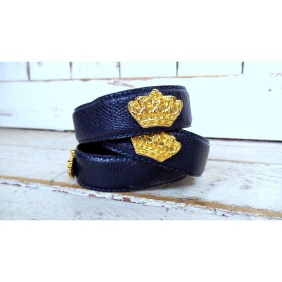 Dark blue gold crown/medallion faux leather statement belt - Picture 2 of 5